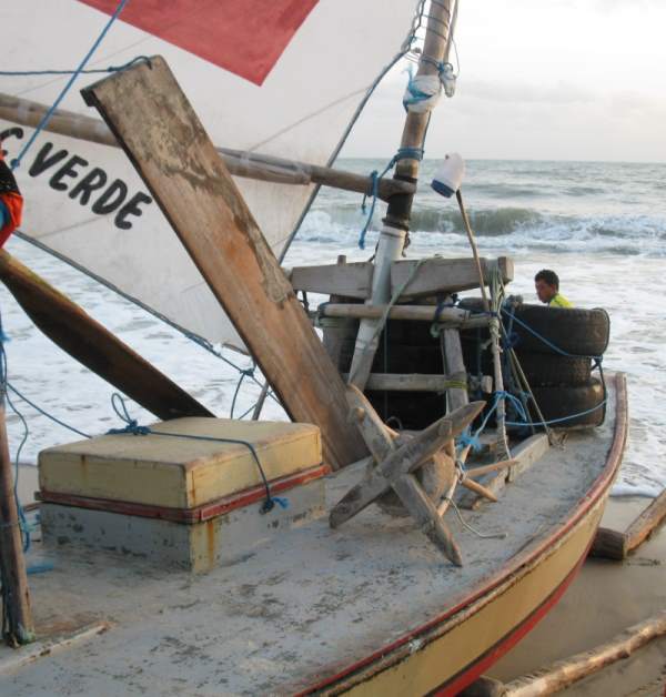 The jangada's bolina, or dagger board, placed in its slot.