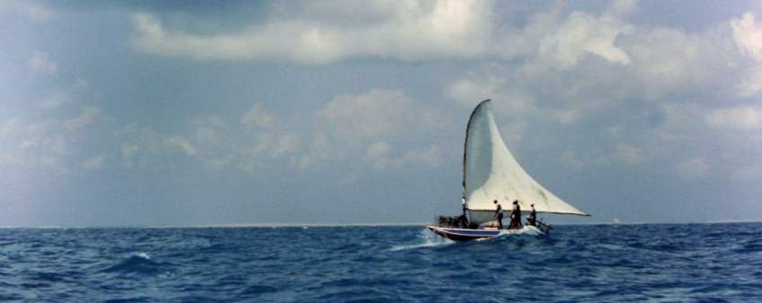 A jangada sailing out to place lobster traps.