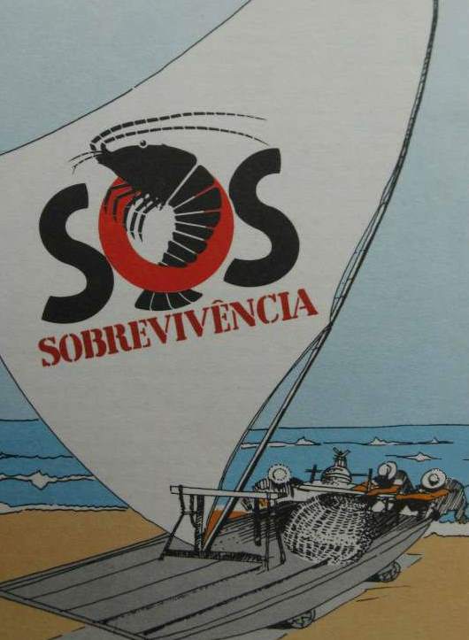 Drawing of jangada being pushed up the beach.