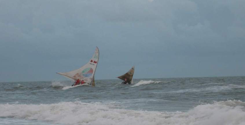 Jangadas leaving the Beach on a rough day. A series of pictures.
