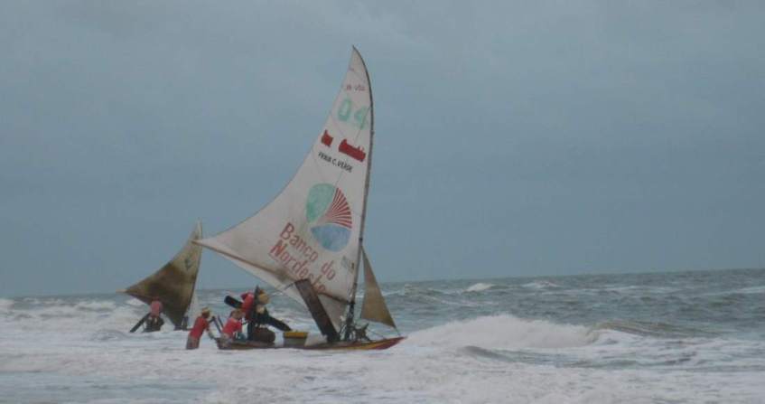 Jangadas leaving the Beach on a rough day. A series of pictures.