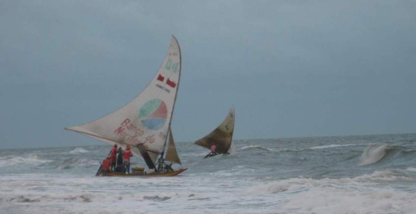Jangadas leaving the Beach on a rough day. A series of pictures.