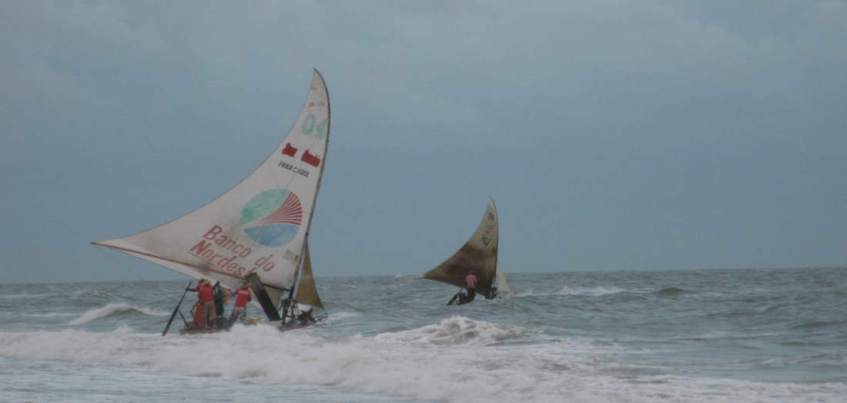 Jangadas leaving the Beach on a rough day. A series of pictures.