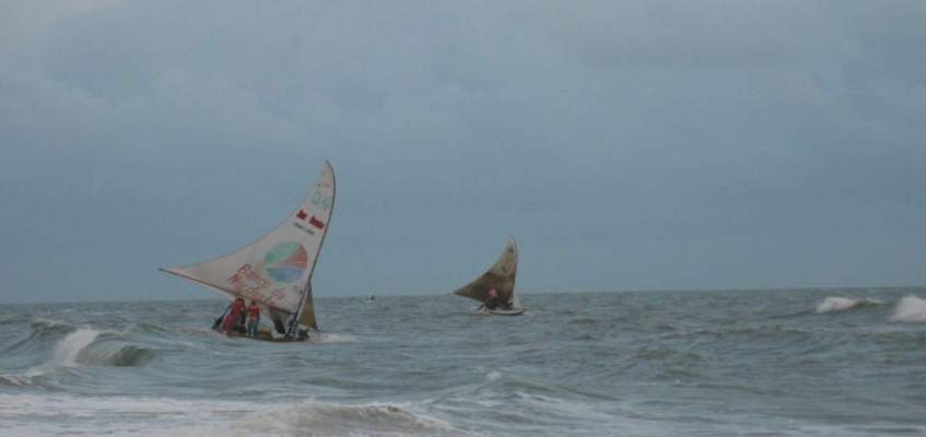 Jangadas leaving the Beach on a rough day. A series of pictures.