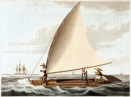 A painting of a raft jangada with two jangadeiros sailing.